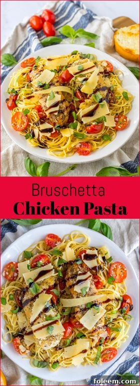 Bruschetta Chicken Pasta recipe with a simple but flavorful bruschetta, seasoned chicken, and balsamic glaze that brings the whole dish together. Easy, fresh dinner recipe!
