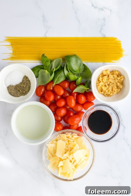 Ingredients needed to make this Bruschetta Chicken Pasta recipe 