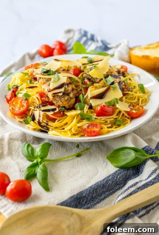Bruschetta Chicken Pasta recipe with a simple but flavorful bruschetta, seasoned chicken, and balsamic glaze that brings the whole dish together. Light and fresh spring or summer dinner recipe!