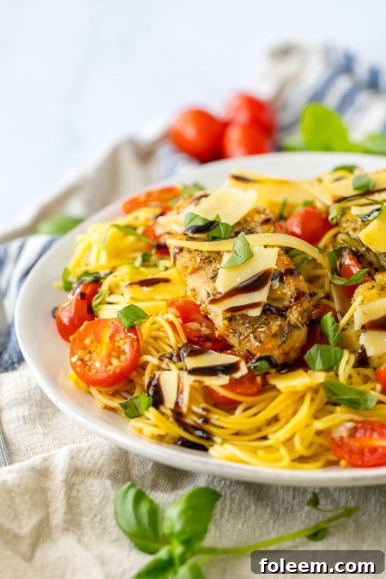 Close-up photo of the plated Bruschetta Chicken Pasta recipe