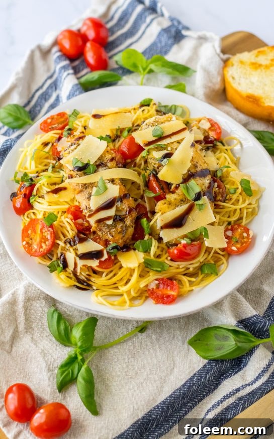Bruschetta Chicken Pasta recipe with a simple but flavorful bruschetta, seasoned chicken, and balsamic glaze that brings the whole dish together. Light spring or summer dinner recipe!