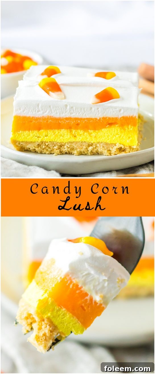 Layers of vanilla cookies, a creamy cheesecake layer and a vanilla pudding layer all colored to look like candy corn. Candy Corn Lush recipe is always a favorite at parties and is a make-ahead fall Halloween dessert that’ll make all ghouls go wild!