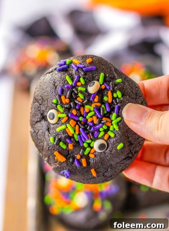 Close-up of the Easy Stuffed Black Velvet Cookies for Halloween