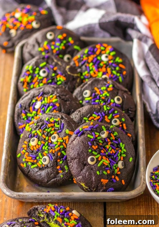 Close-up photo of the tray of the Easy Stuffed Black Velvet Cookies for a Halloween party