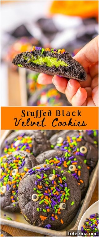 Stuffed Black Velvet Cookies are the perfect Halloween dessert recipe. Dark chocolate cookies are stuffed with a creamy cheesecake filling that is so delicious. Halloween sprinkles top off these spooky cookies that everyone will love at your party.
