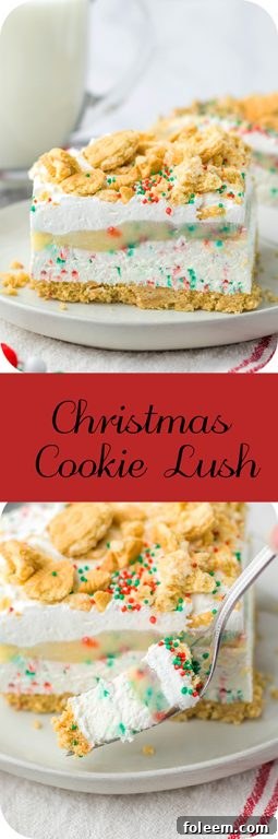Christmas Cookie Lush, a delightful and easy no-bake dessert perfect for holiday entertaining, featuring layers of vanilla cream cookies, cheesecake, pudding, whipped topping, crushed cookies, and festive sprinkles.