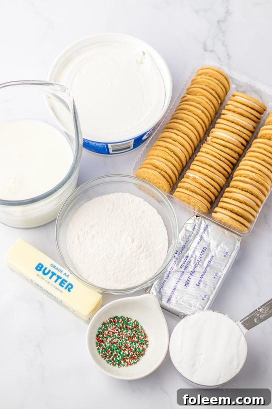 Ingredients for Christmas Cookie Lush, including vanilla Oreo cookies, butter, cream cheese, powdered sugar, holiday sprinkles, whipped topping, cheesecake pudding mix, and cold milk.