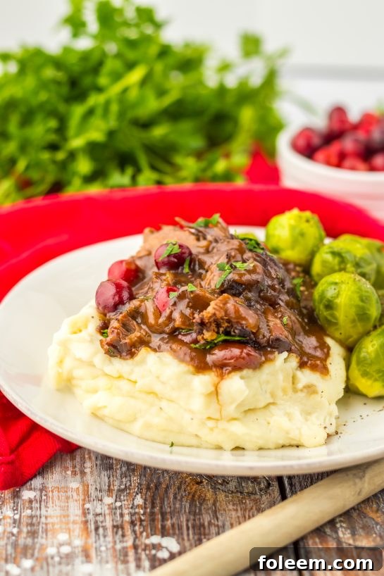 Crock Pot Cranberry Roast Beef is one of those easy, perfect slow cooker recipes to make for the holidays. Just a few ingredients are all you need to create this flavorful roast beef perfect for those chilly nights.  Onion soup mix and cranberry sauce come together to make a delicious gravy!