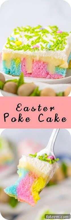 A vibrant Easter Poke Cake slice, showcasing its layers of colorful cake, white chocolate pudding, and whipped cream. A perfect spring and holiday dessert.