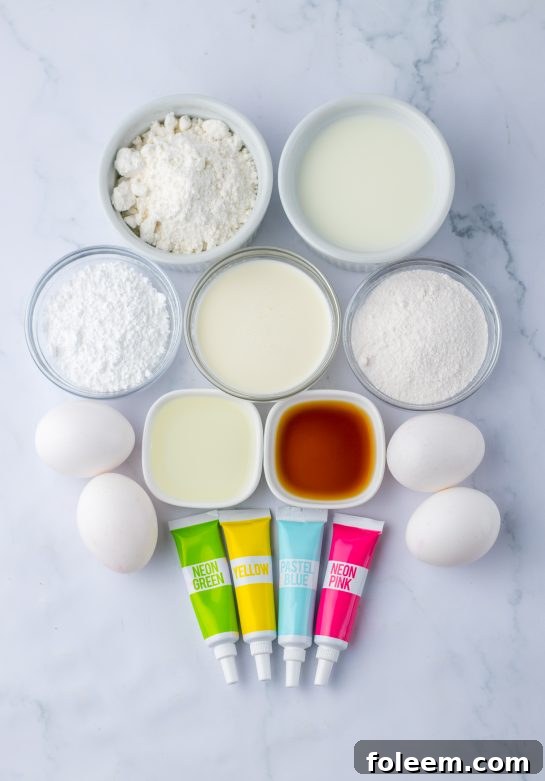 A simple array of ingredients for an easy Easter Poke Cake recipe including a cake mix, instant pudding, milk, and various food colorings.