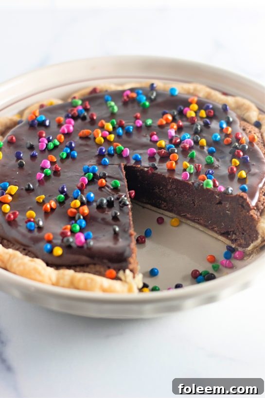 A final close-up shot of a Cosmic Brownie Pie slice, emphasizing its rich, fudgy texture and appealing sprinkle topping.