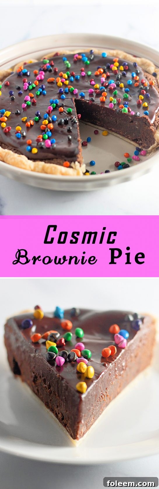 A stunning Cosmic Brownie Pie, whole and intact, featuring its rich chocolate surface adorned with colorful sprinkles, ready for serving.