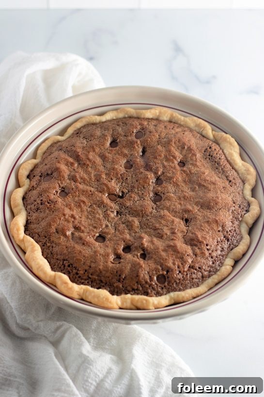 The Cosmic Brownie Pie emerges from the oven, perfectly baked with a glossy top and rich aroma.