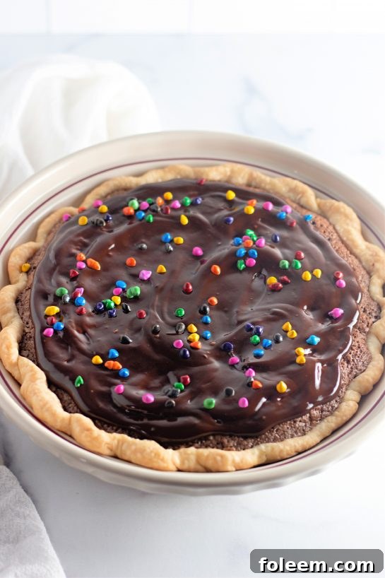 A close-up of a cut slice of Cosmic Brownie Pie, highlighting its fudgy interior, ganache topping, and colorful sprinkles.
