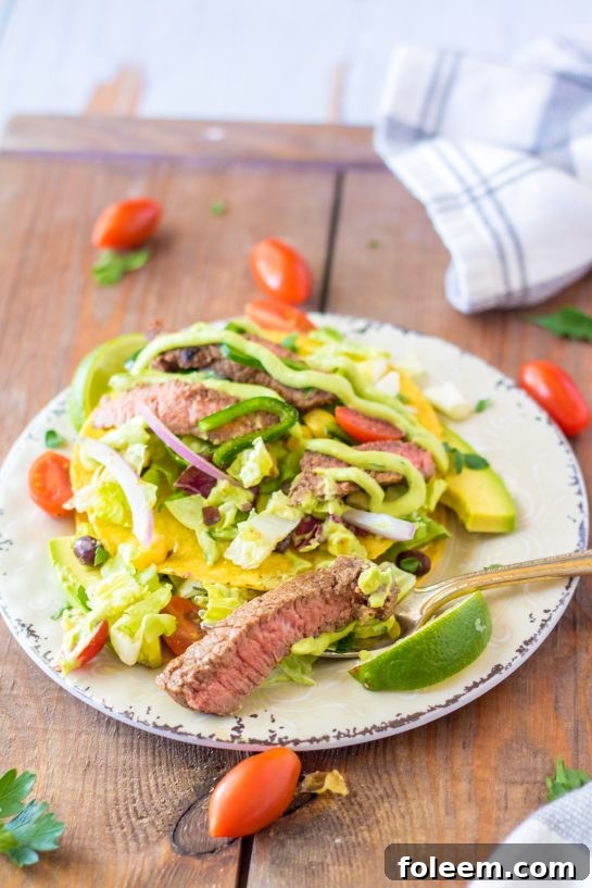 Overhead photo of the finished Steak Tostada Salad recipe