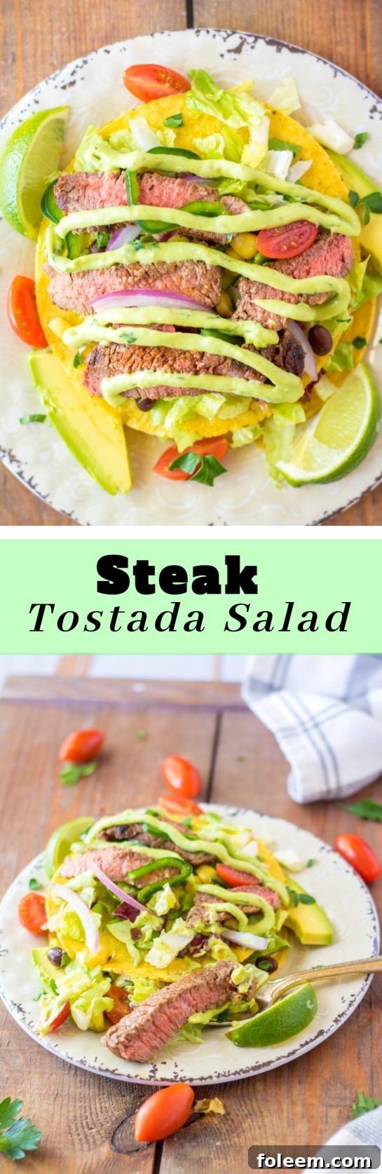 Steak Tostada Salad recipe with a Mexican twist is the steak salad of your dreams! It's loaded with a juicy steak, your favorite veggies, and a creamy cilantro-lime vinaigrette. It makes a delicious healthy lunch or dinner salad!
