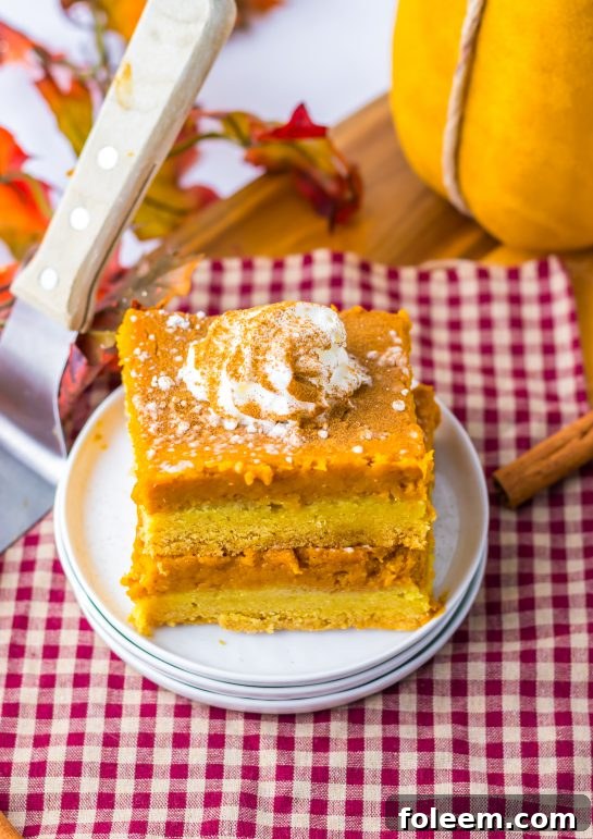 Pumpkin Gooey Butter Cake with powdered sugar and a side of whipped cream