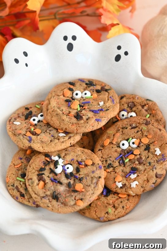 A close-up of a monster chocolate chip cookie with multiple candy eyes and colorful sprinkles, ready for Halloween.