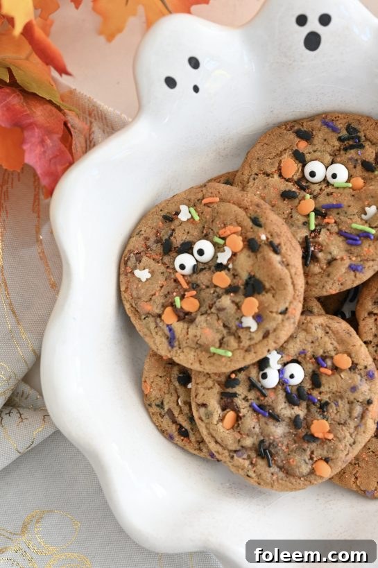 Close-up overhead shot of a single Halloween Monster Chocolate Chip Cookie, showing the melted chocolate and colorful sprinkles.