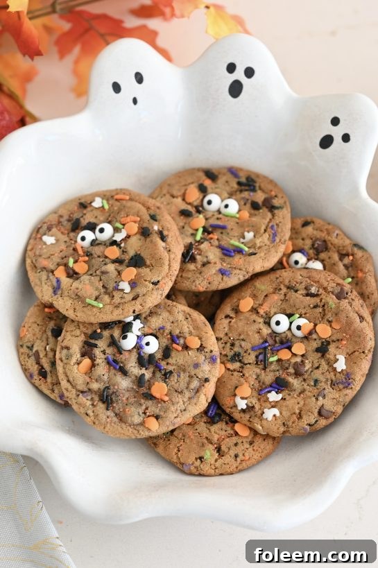 An overhead view of several Halloween Monster Chocolate Chip Cookies arranged on a serving plate.