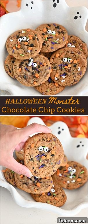 A festive collage of Halloween Monster Chocolate Chip Cookies with various angles and close-ups, showcasing their spooky and sweet appeal.