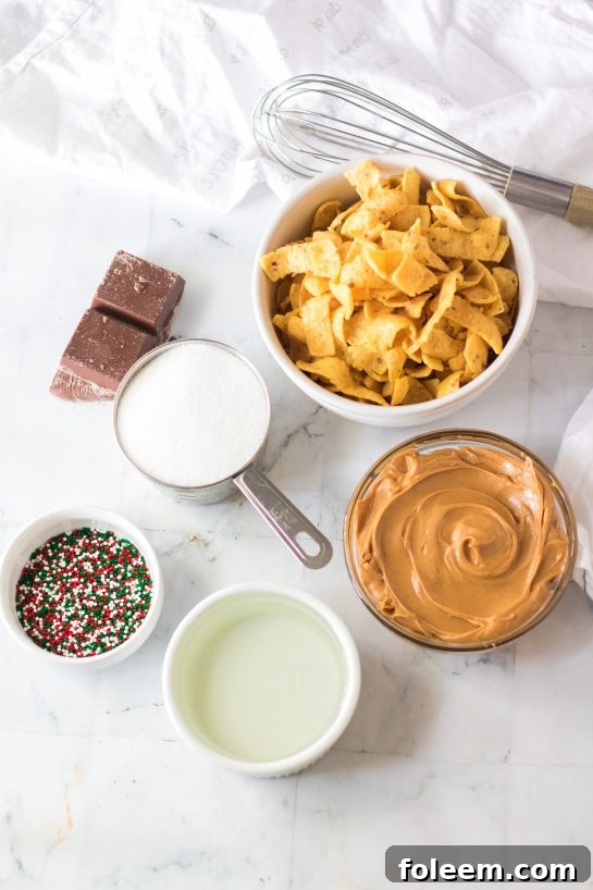 Ingredients laid out for making the Frito Candy recipe, including Fritos, peanut butter, sugar, and corn syrup