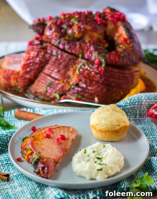 Overhead close-up shot of a plated slice of Christmas ham, showing its juicy texture and the vibrant garnishes of orange zest, pomegranate, and parsley.