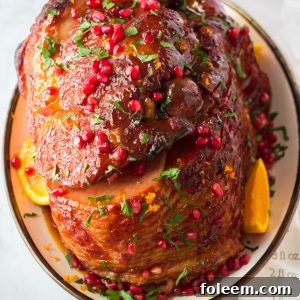 Overhead shot of the finished Christmas ham recipe for Christmas or Easter dinner.