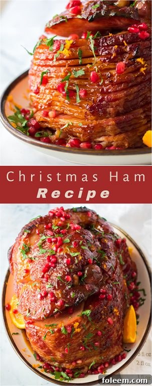 Stunning overhead shot of the completed glazed Christmas ham, elegantly garnished and perfectly cooked, ready to be served for a holiday meal.