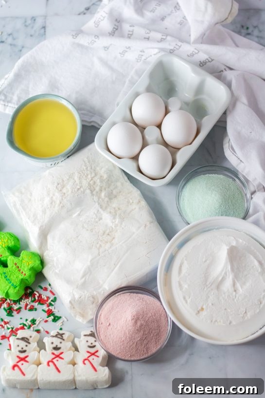 Ingredients laid out for making the festive Christmas Poke Cake.