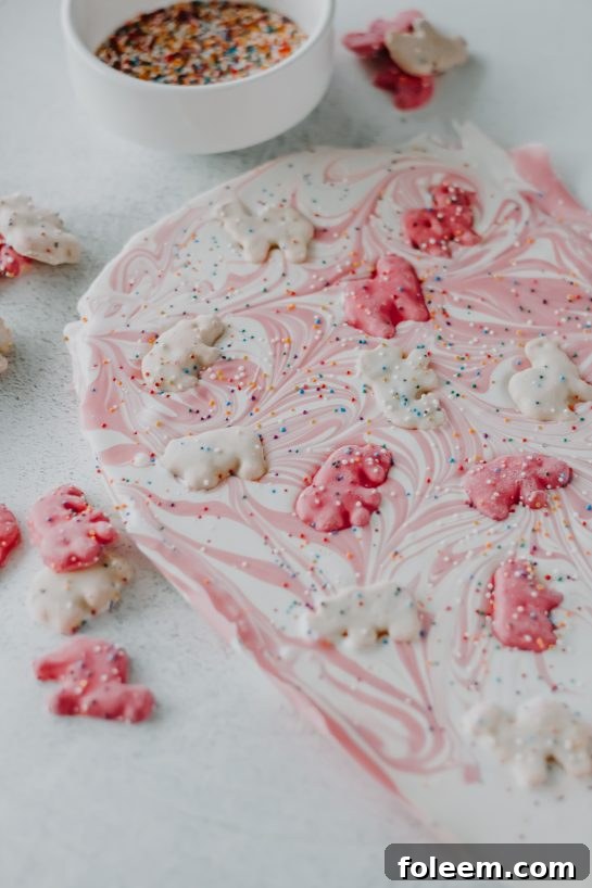 The finished Circus Cookie Bark slab, perfectly set and ready to be cut into individual pieces for serving.