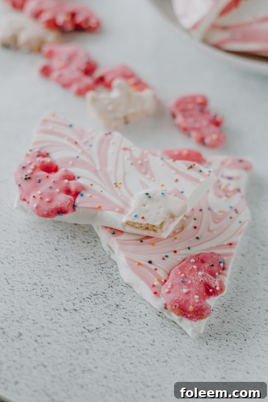 Assortment of broken pieces of Circus Cookie Bark, showcasing the delightful layers and colorful toppings.