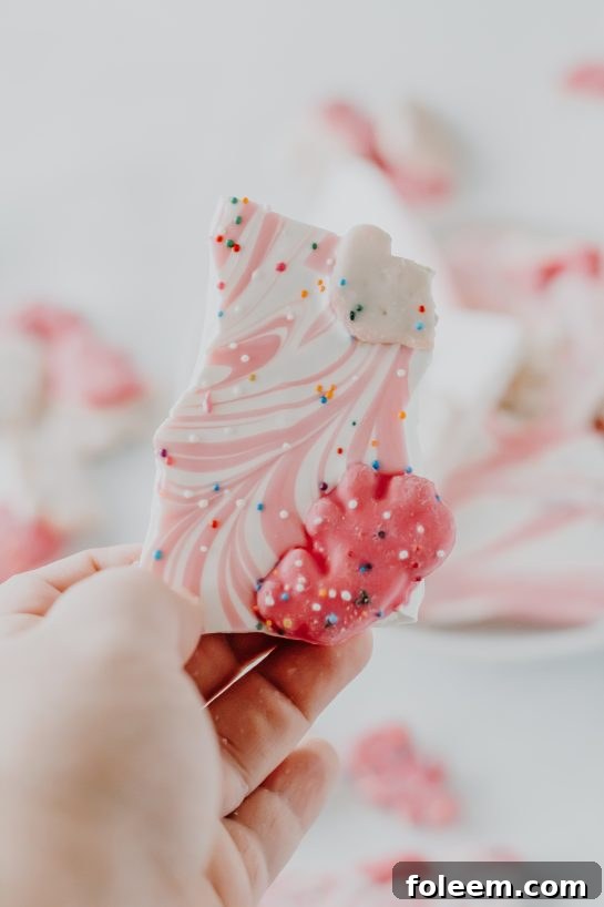 Detailed close-up of a broken piece of Circus Cookie Bark, highlighting the crunchy cookie bits, smooth chocolate, and colorful sprinkles.