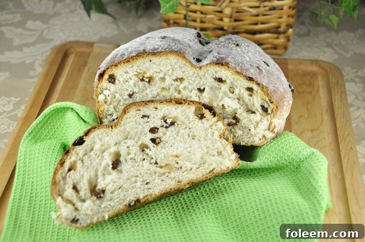 Close-up of baked Irish Raisin Soda Bread, showing its texture and golden crust, ready to be served for St. Patrick's Day.