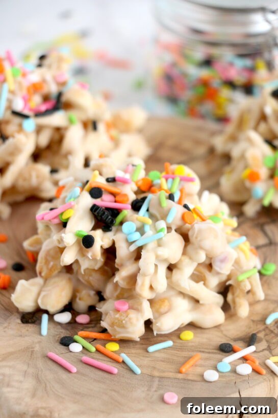 Delicious White Chocolate Halloween Crock Pot Candy with crunchy chow mein noodles, creamy white chocolate, and colorful Halloween sprinkles, perfect for a no-bake Halloween treat.