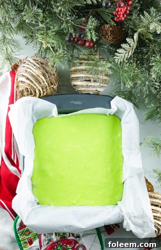 Grinch Fudge recipe setting in the pan