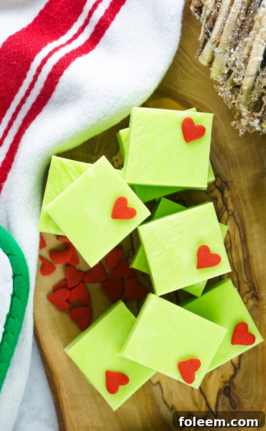 Overhead photo of the finished Grinch Fudge recipe with the heart sprinkles