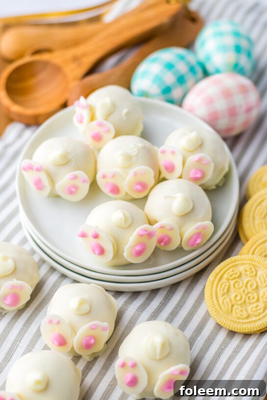 Irresistibly cute Bunny Butt Lemon Truffles with white chocolate tails and homemade bunny feet, perfect for Easter.