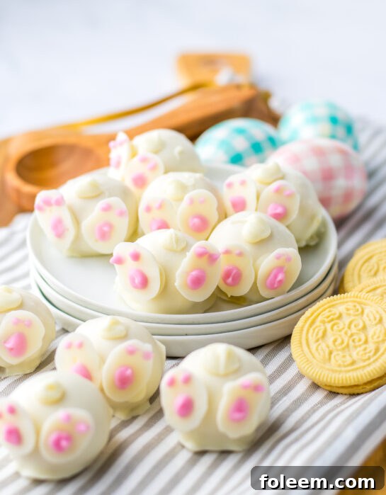 A full tray of completed Bunny Butt Lemon Truffles, ready for an Easter holiday party.