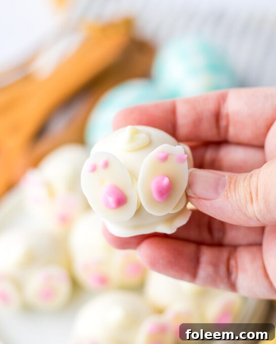Close-up of a finished Bunny Butt Lemon Truffle, highlighting its delicate details and festive appeal.