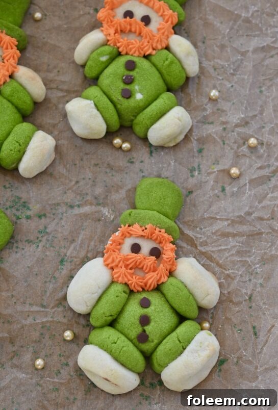 Close-up photo of the chubby, cute, adorable Lucky Leprechaun Cookies for St. Patrick's Day baking fun!