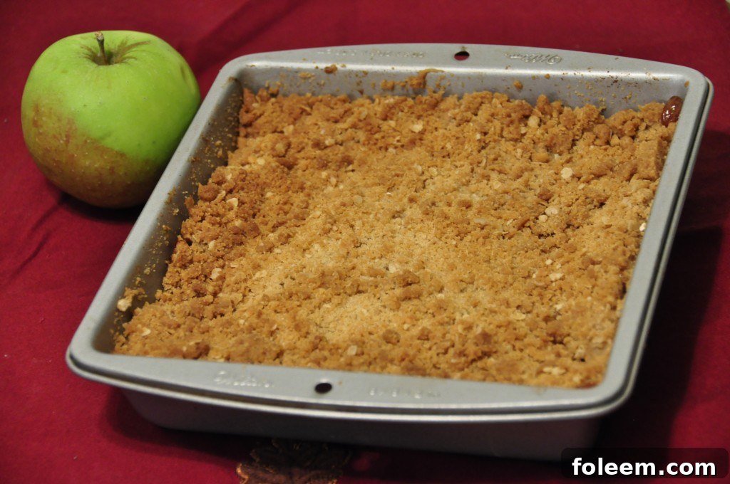 A top-down view of the Best Apple Crisp with a golden-brown, oat-filled topping