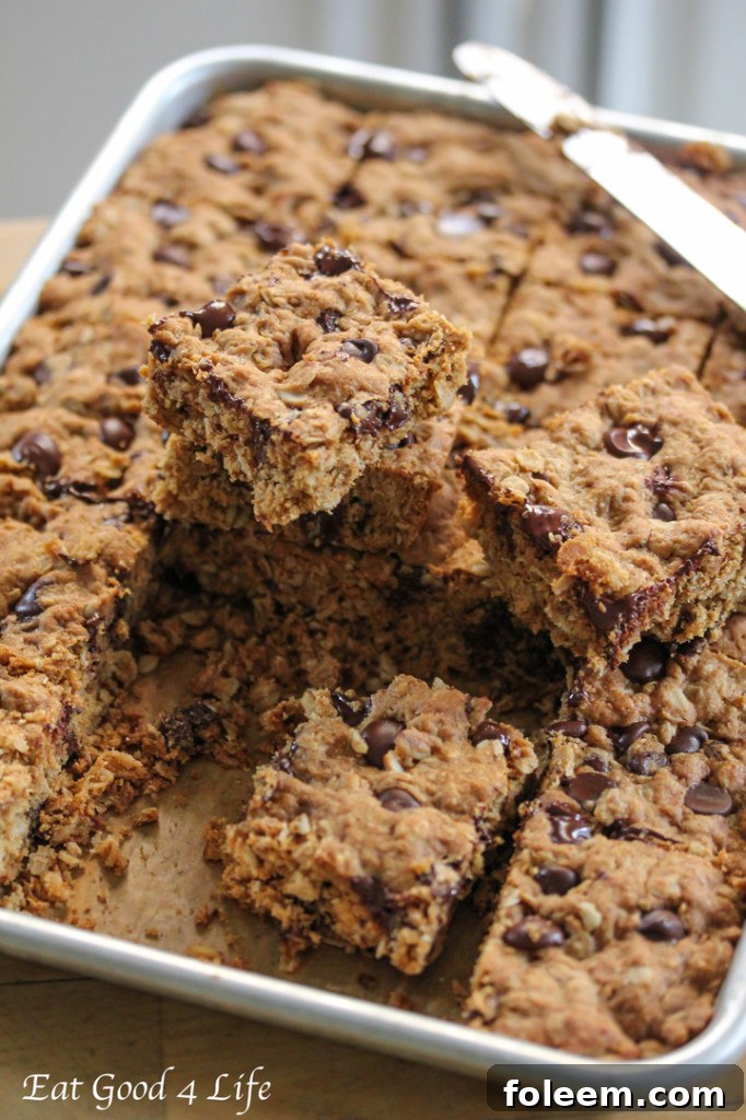 A close-up shot of freshly baked Dark Chocolate and Oatmeal Cookie Bars, highlighting their rustic texture and delicious chocolate chips.