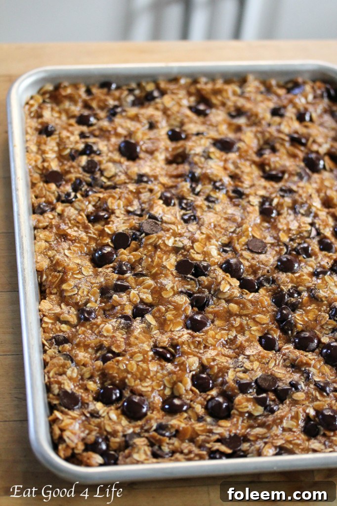 Freshly baked Dark Chocolate and Oatmeal Cookie Bars cooling in a parchment-lined pan, ready to be sliced.