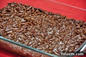 Close-up of baked Pecan Pie Bars with gooey filling