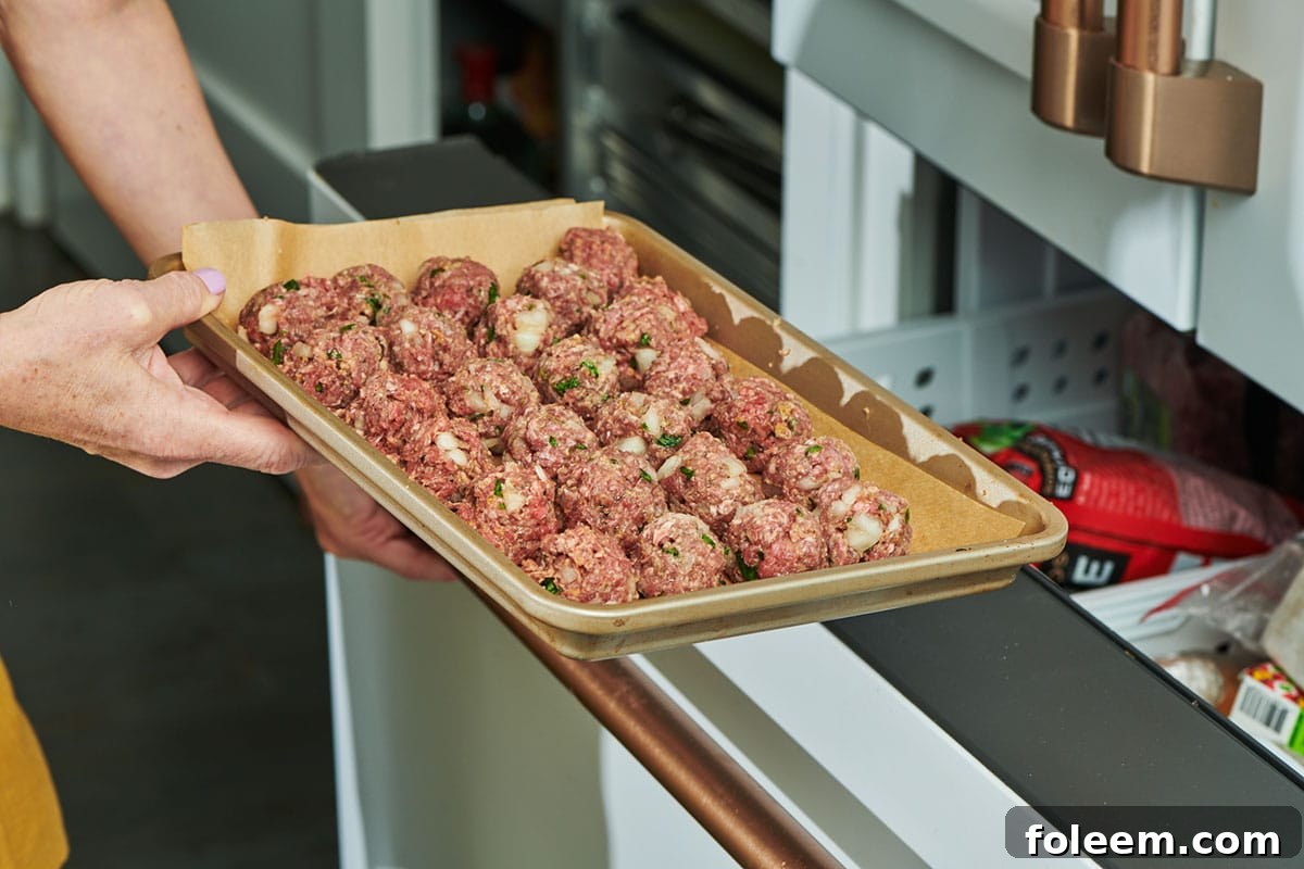 Woman placing meatball-filled pan in oven.