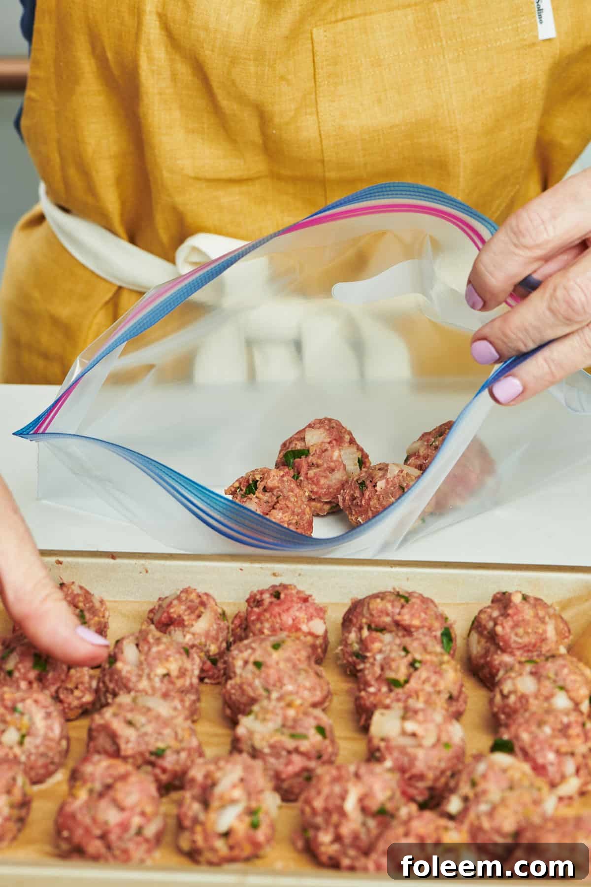 Woman placing meatballs into freezer bag.