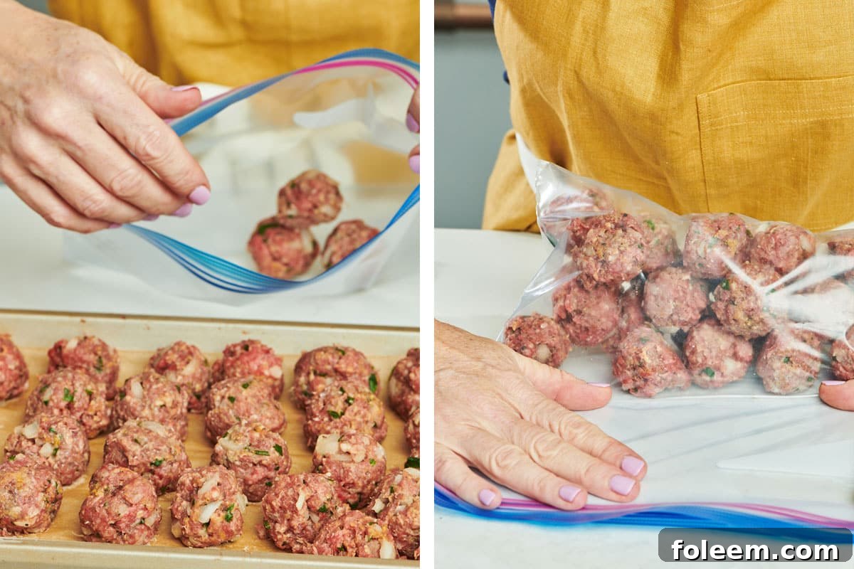Placing partially frozen meatballs into Ziploc freezer bag.