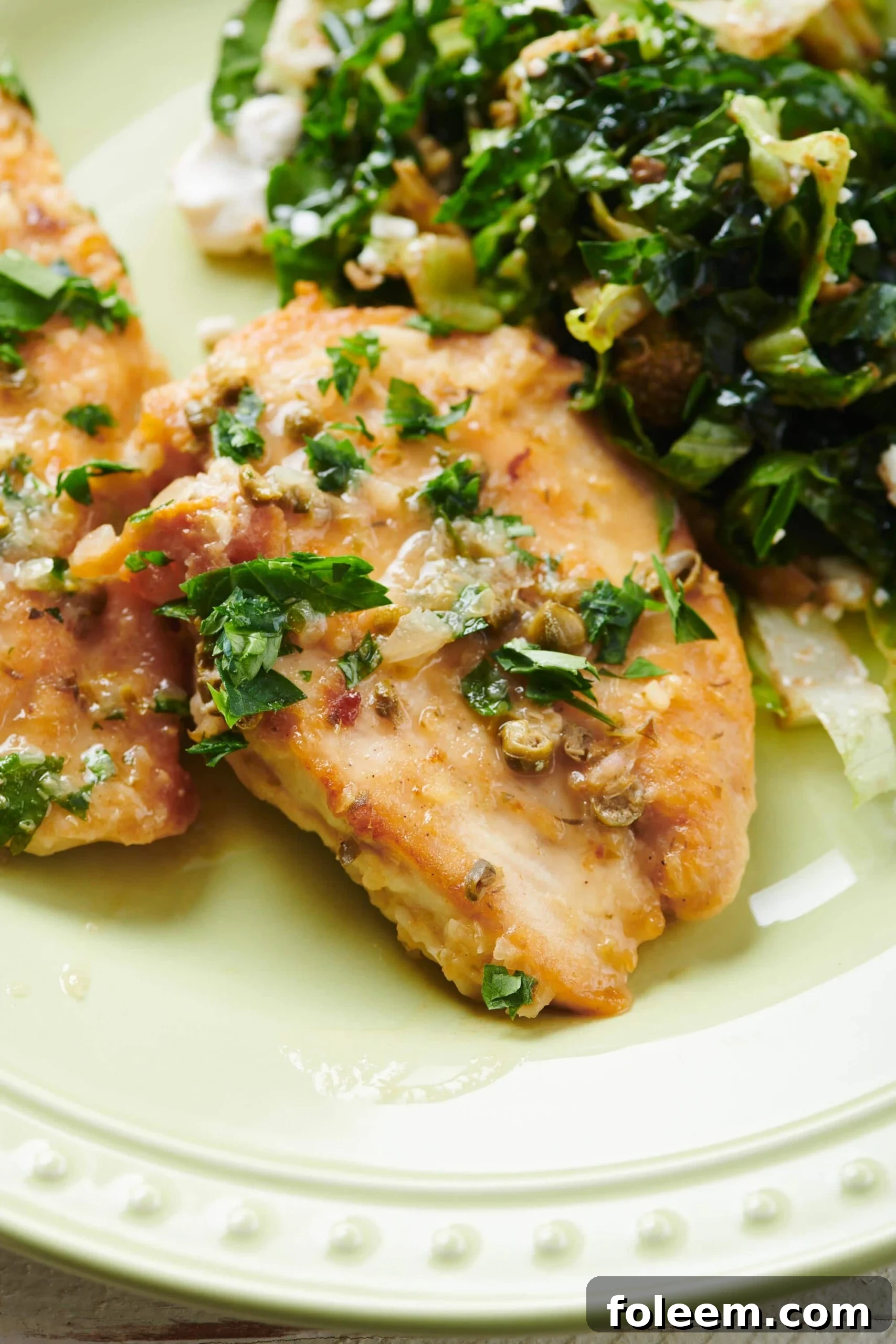 Chicken Piccata on plate with side of cooked greens.