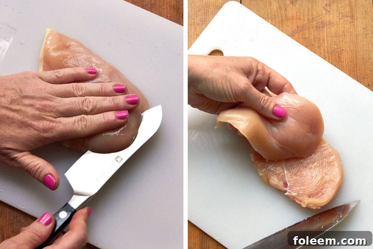 Slicing chicken breast into cutlets with knife.